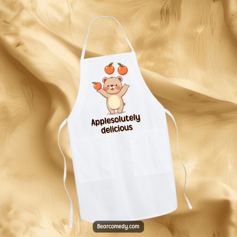 Funny bear apron featuring a bear comically juggling three juicy apples, perfect for kitchen humor and as a funny gift.