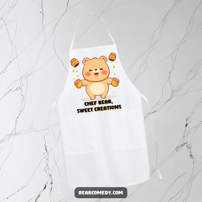 Funny bear apron showing a cheerful character juggling honey pots while cooking, adding humor to kitchen chores and baking.