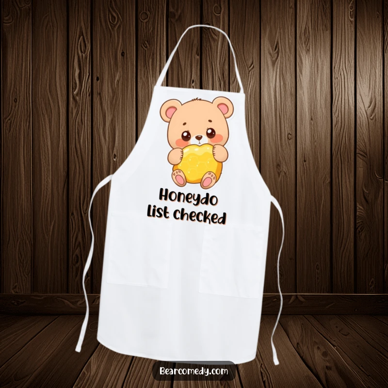 Funny adorable bear character with big round eyes, happily hugging a giant honeycomb, a cute apron for kitchen adventures.