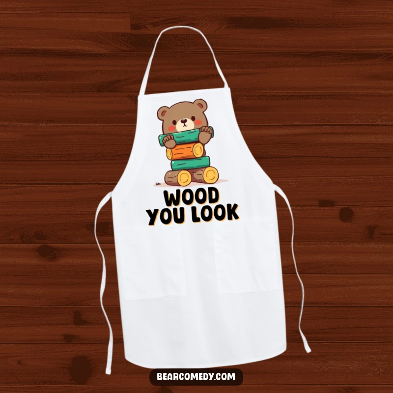 Funny bear apron showing a bear comically attempting to balance colorful logs, ideal for kitchen humor and a great funny gift.