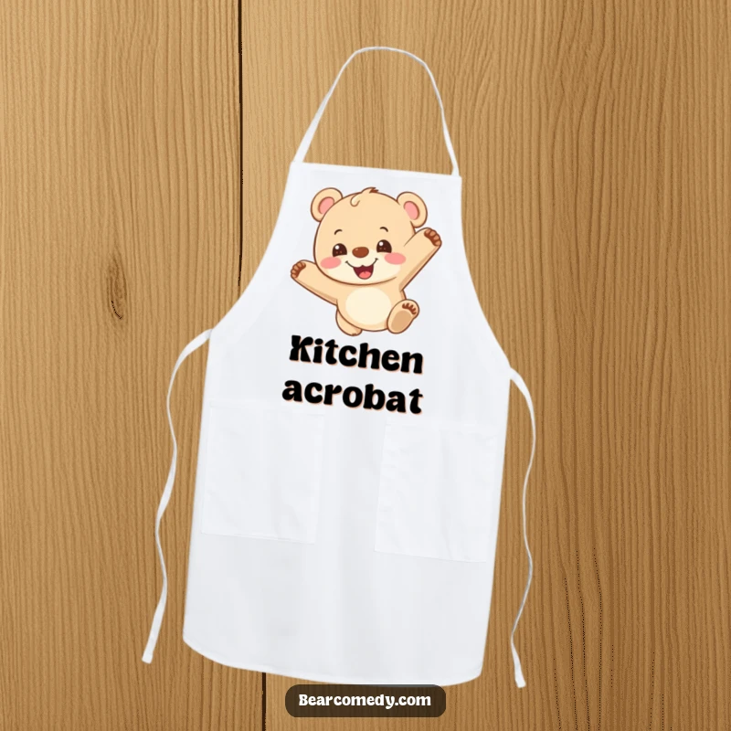 Funny apron featuring a happy bear cub doing a somersault with a grin, perfect for adding energy and humor to cooking.