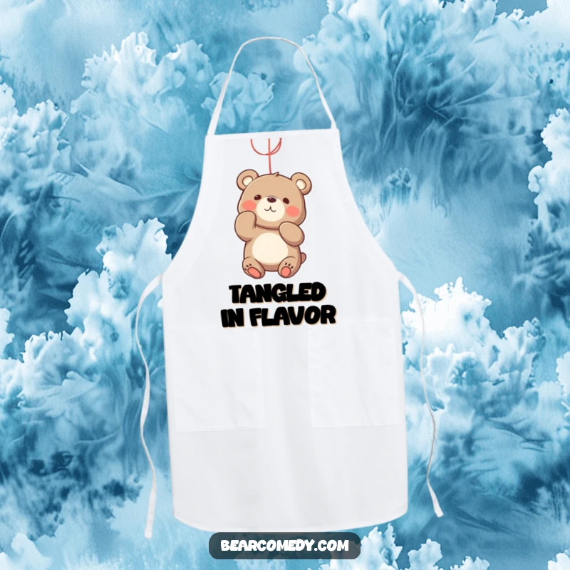 Funny bear apron depicting a playful bear character batting at a bright, dangling string with an engaged and happy expression.