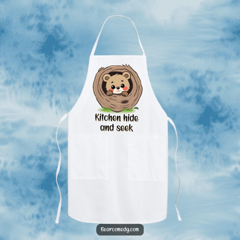 Funny curious bear peeking from behind a large, fallen log with a gentle gaze, a cute apron for kitchen activities.