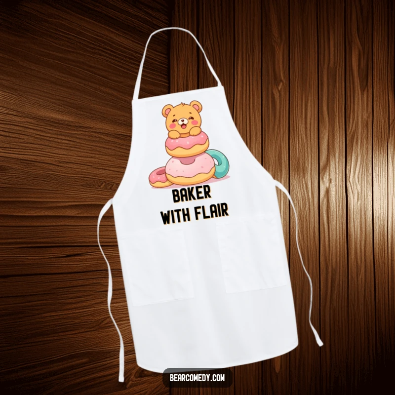 Funny apron showing a delighted bear characterebalancing a stack of colorful, giant donuts, perfect for a sweet and fun baking experience.