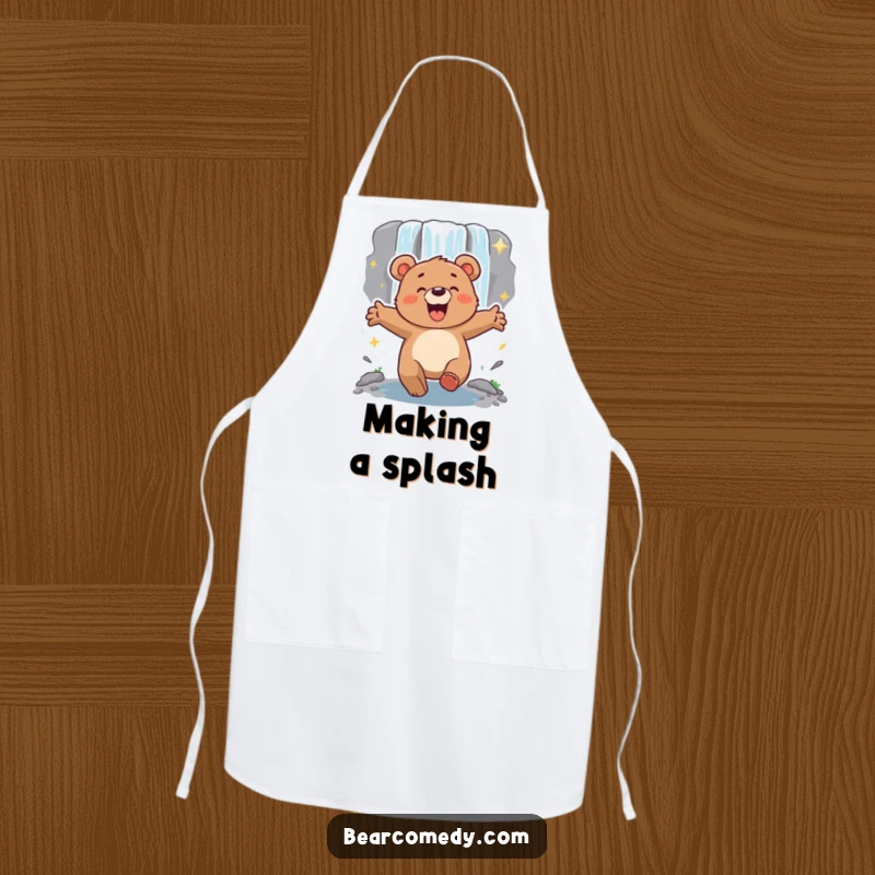 Funny energetic bear with arms outstretched, lumbering excitedly towards a sparkling waterfall, a fun apron for kitchen activities.