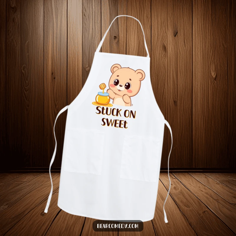 Funny apron with a kawaii bear reaching for a honey pot, perfect for adding a touch of sweetness and humor to cooking or baking.