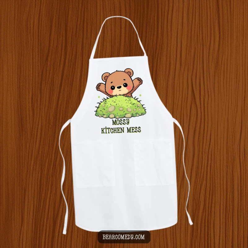 Funny apron showing a bear with a determined look jumping into a soft pile of moss, perfect for adventurous cooks.