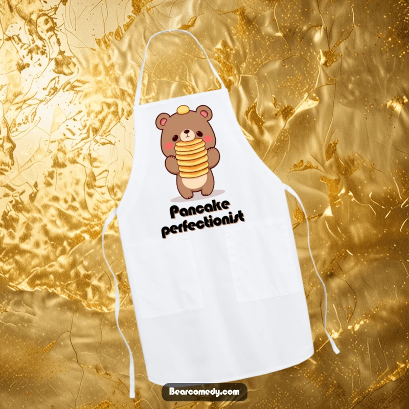 Funny bear character balancing a tall stack of pancakes on its nose, a chef’s apron for kitchen fun.