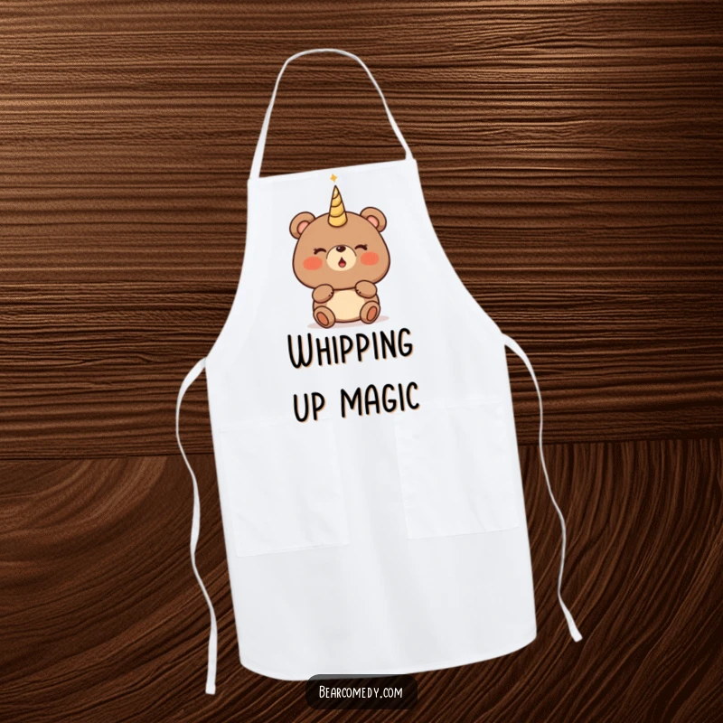 Funny bear apron depicting a bear character with rosy cheeks, about to blow a magical, glowing horn with anticipation.