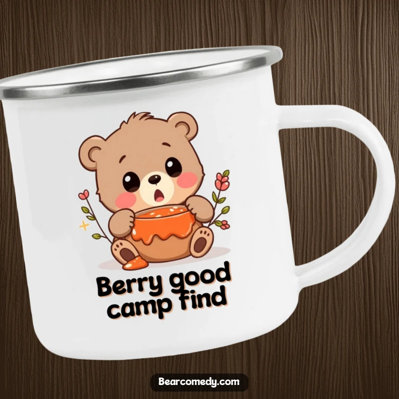 Funny camping mug with a bear character making a surprised squeak upon discovering a hidden pot of jam.
