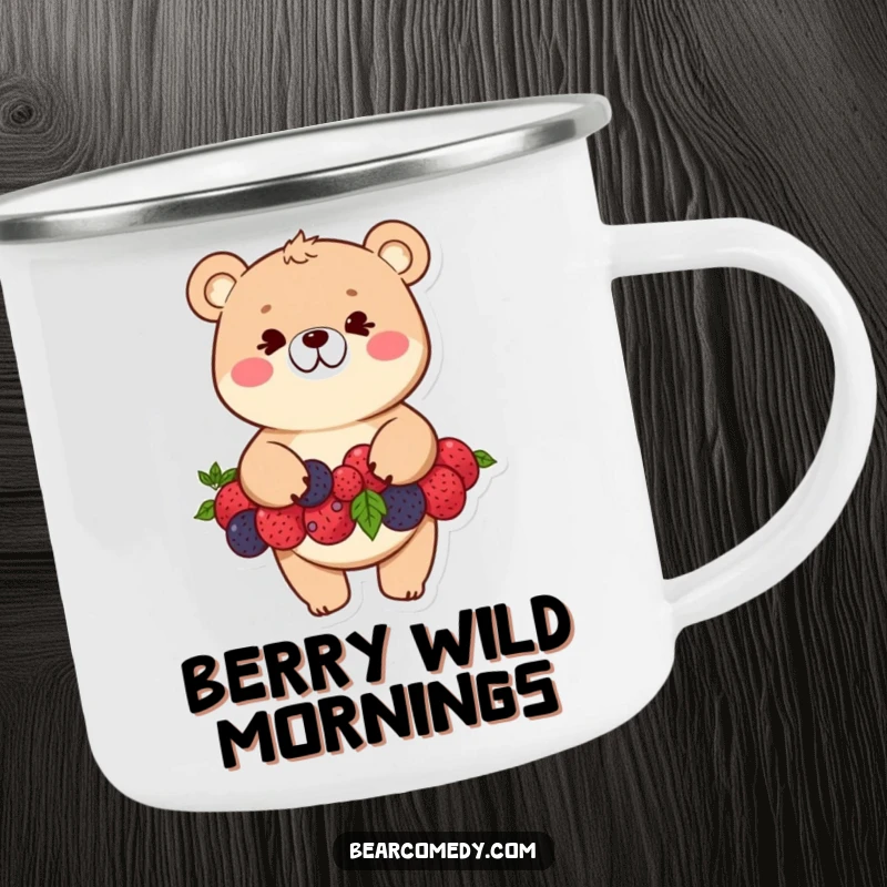 Funny bear camping mug showing a mischievous bear character balancing a stack of berries with a wide grin, ready for adventure.