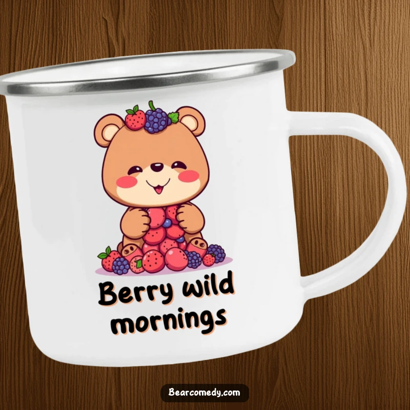 Funny camping mug with a bear character attempting to balance a stack of berries, ready for outdoor adventures and smiles.