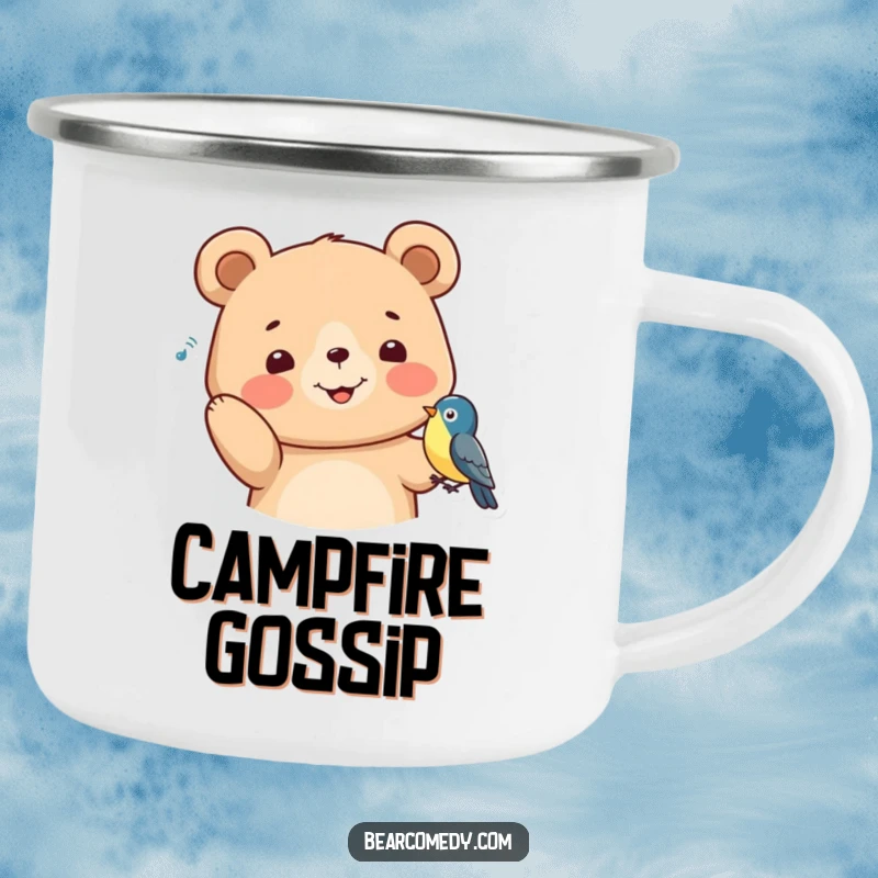 Funny Camping Mug showing a bear with perked ears, listening to a bird, perfect for enjoying beverages outdoors with gentle humor.