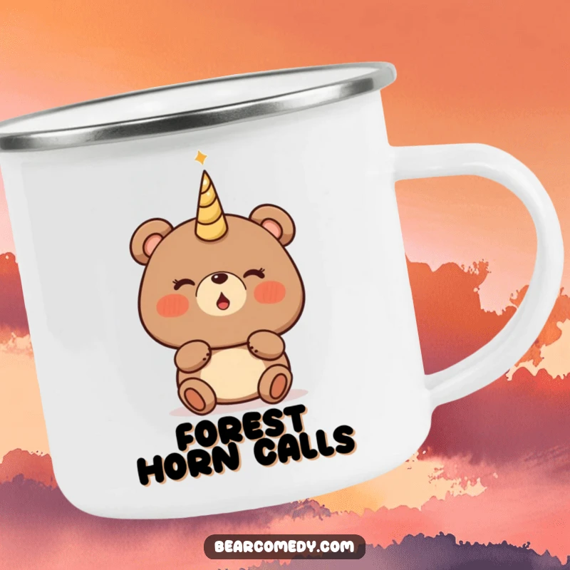 Funny bear camping mug showing a bear character with rosy cheeks, about to blow a magical horn, ready for enchantment.