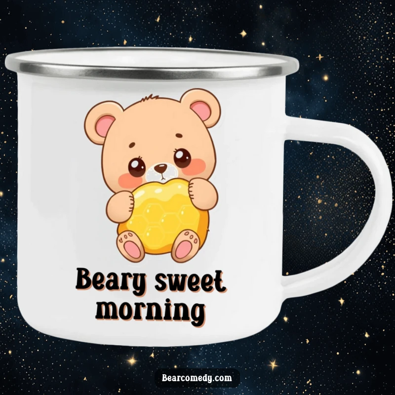 Funny adorable bear character with big round eyes, happily hugging a giant honeycomb, a rugged camping mug for outdoor fun.
