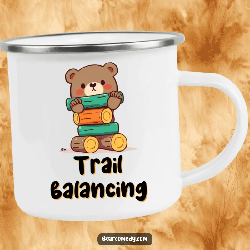 Funny bear camping mug showcasing a bear comically attempting to balance colorful logs, perfect for outdoor humor and as a funny gift.