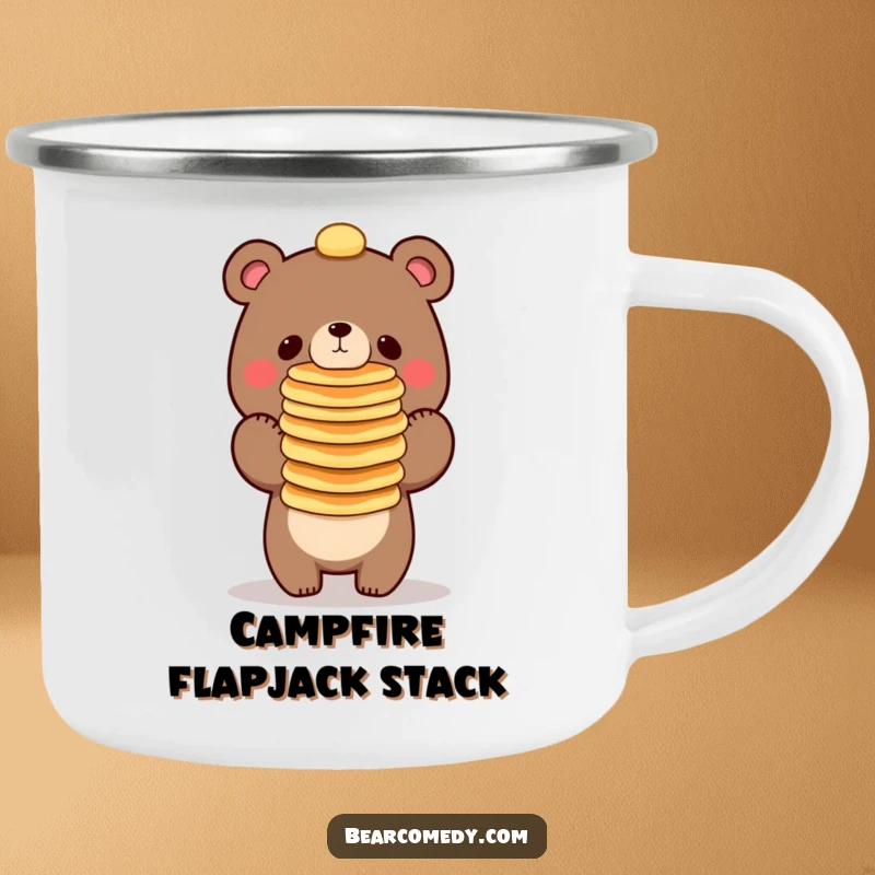 Funny bear character balancing a tall stack of pancakes on its nose, a sturdy camping mug for outdoor meals.