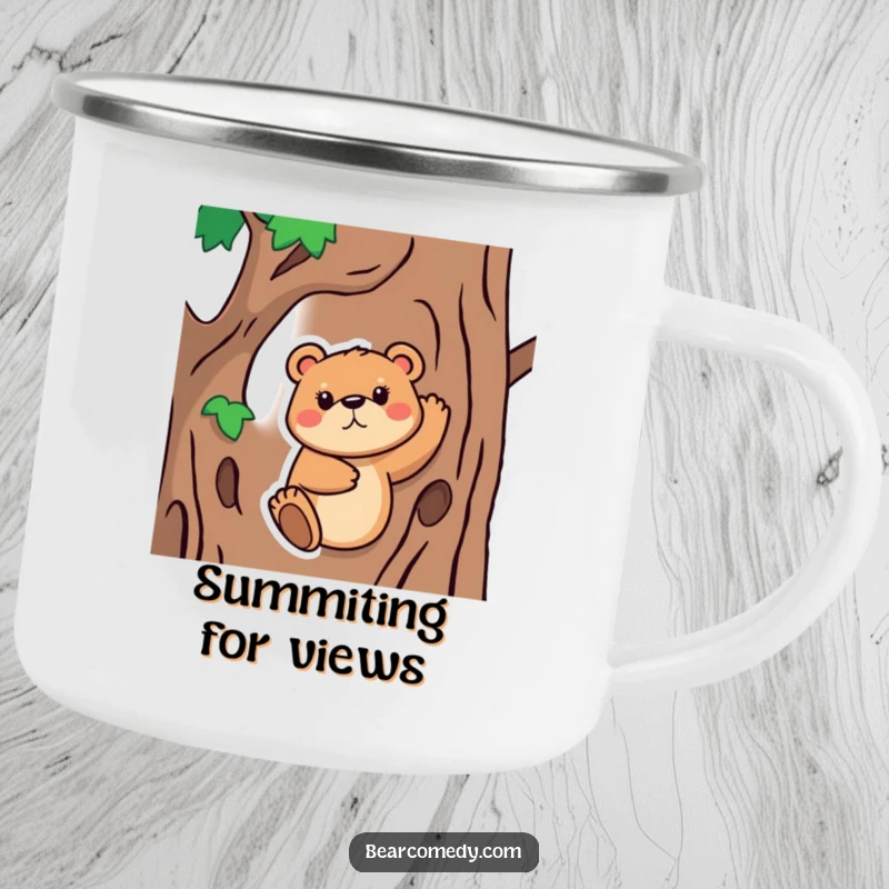 Funny Camping Mug showing a bear animal with a determined face, attempting to climb a tree, ideal for enjoying beverages outdoors with humor.