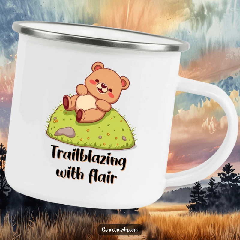Funny Camping Mug showing a bear creature rolling down a hill, ideal for enjoying beverages outdoors with a dose of hilarious charm.