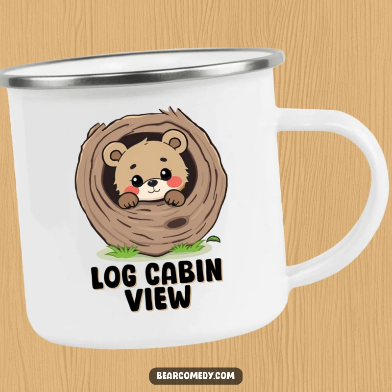 Funny curious bear peeking from behind a large, fallen log with a gentle gaze, a sturdy camping mug for outdoors.