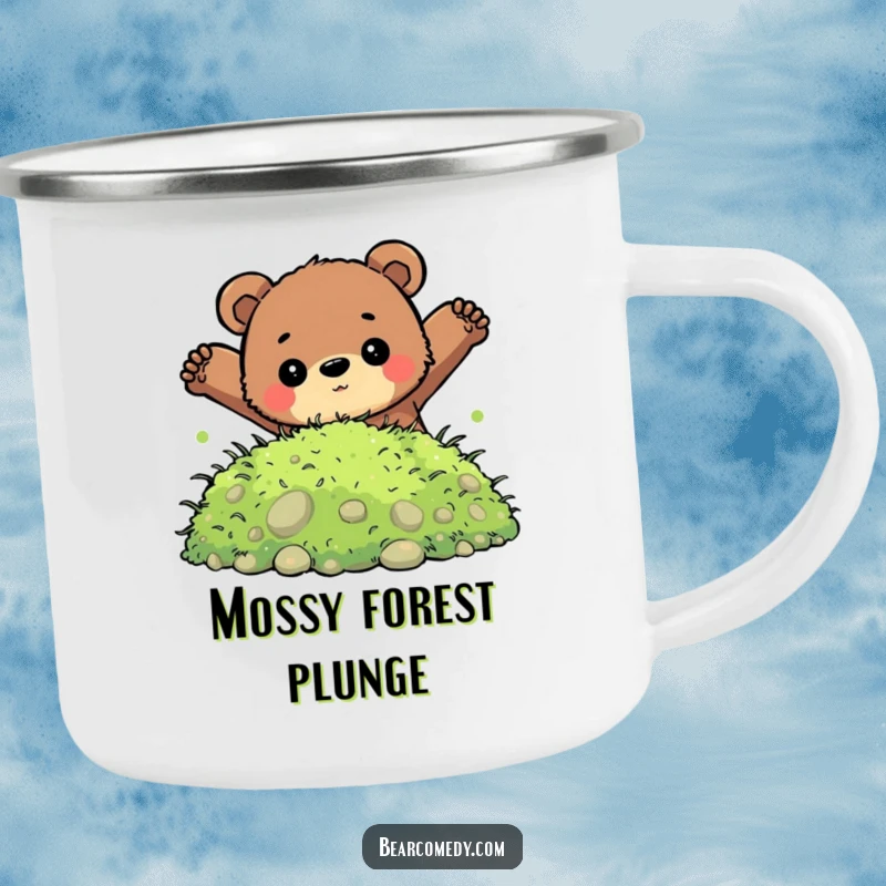 Funny camping mug featuring a bear with a determined look jumping into soft moss, ready for outdoor adventures.