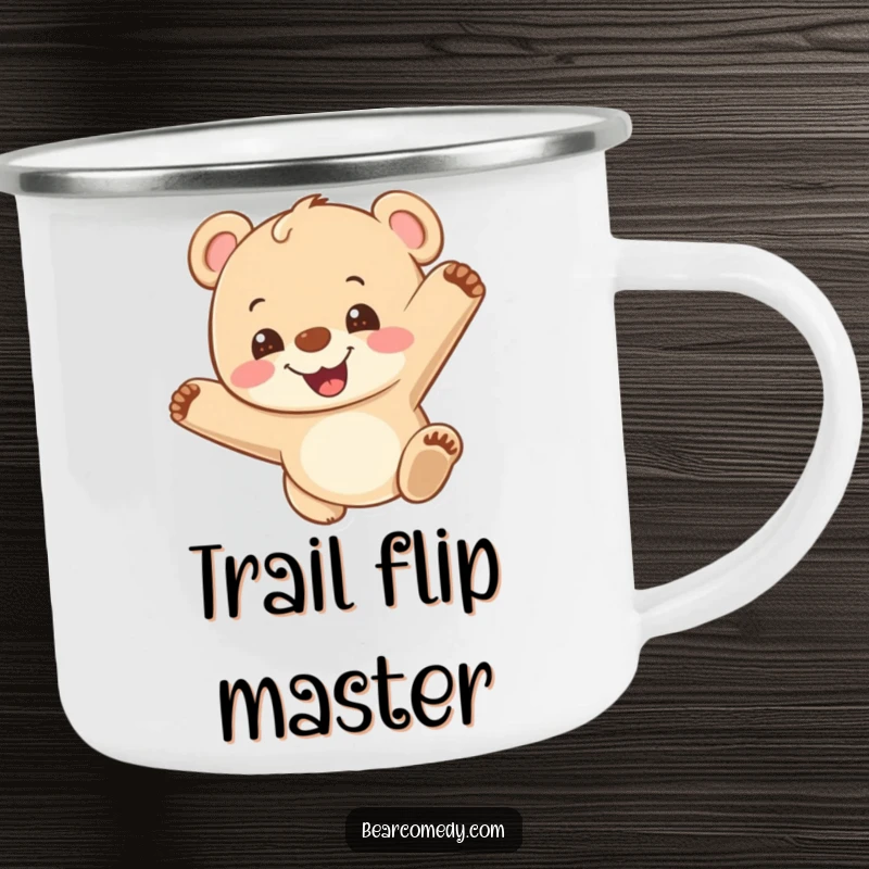 Funny camping mug featuring a grinning bear cub doing a somersault, perfect for enjoying beverages during active outdoor pursuits.