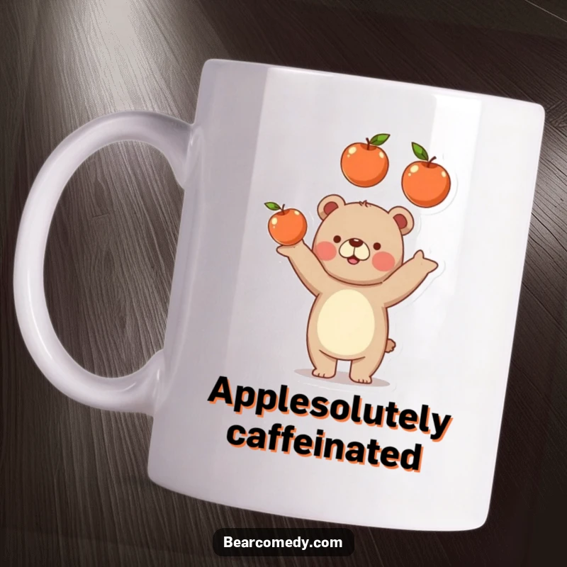Funny bear mug showing a cheerful bear playfully juggling three juicy, round apples with a comical, happy expression.