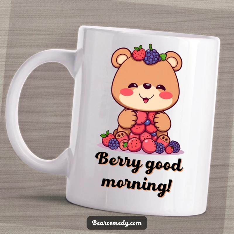 Funny mug showing a bear with a silly grin attempting to balance a precarious stack of ripe berries, perfect for a chuckle.
