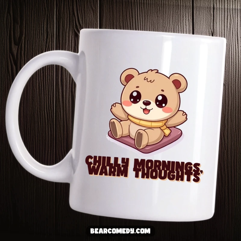Funny bear mug featuring a cartoony bear with big, sparkling eyes joyfully sliding down a snowy hill, embodying winter fun.