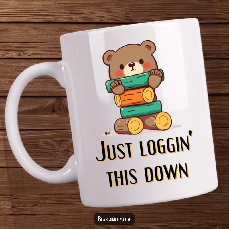 Funny bear mug depiction of a clumsy bear struggling to balance a huge stack of colorful logs with a determined, funny expression.