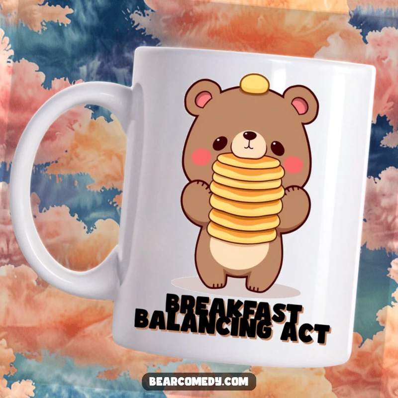 Funny bear character attempting to balance a tall stack of pancakes on its nose, a comical breakfast scene.