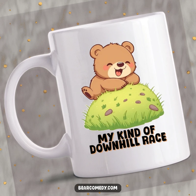 Funny mug featuring a cute bear cub gleefully rolling down a green grassy hill, embodying wild, unrestrained happiness.