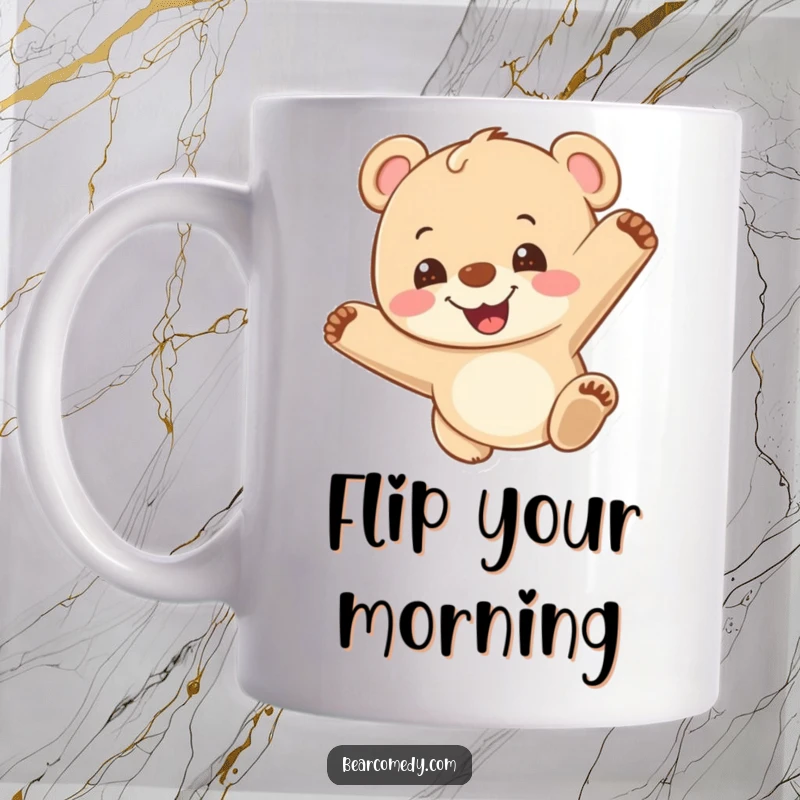 Funny mug featuring a happy bear cub grinning while doing a playful somersault, embodying pure joy and energetic fun.