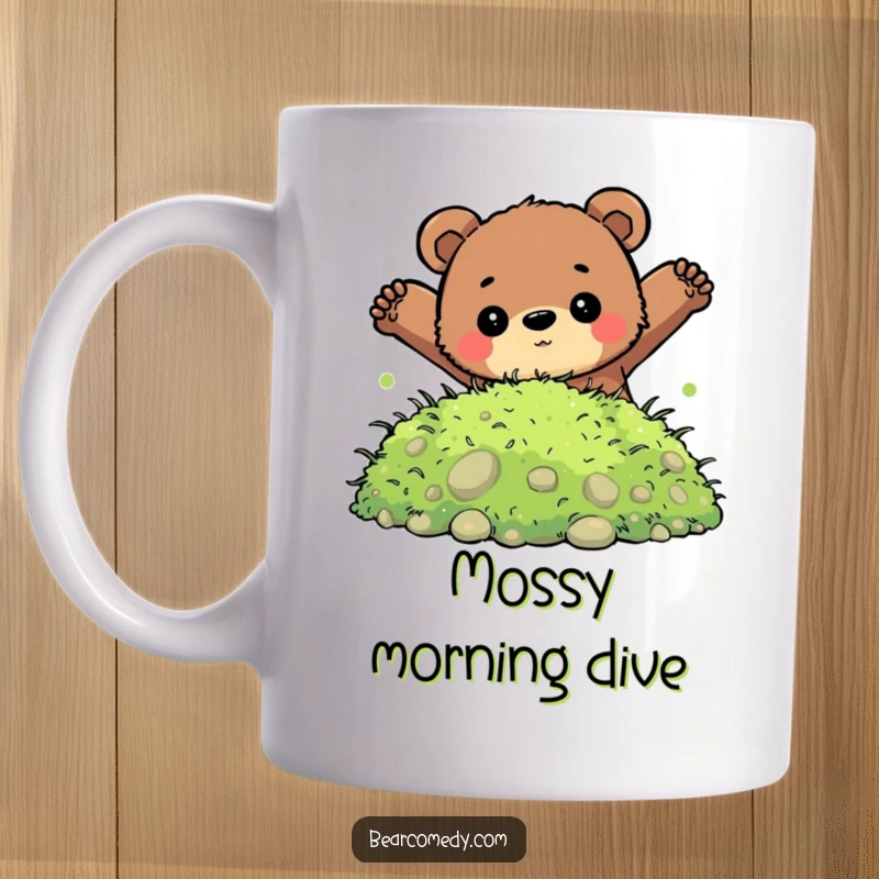 Funny mug showing a bear with a determined look heroically jumping into a soft pile of green moss, ready for adventure.