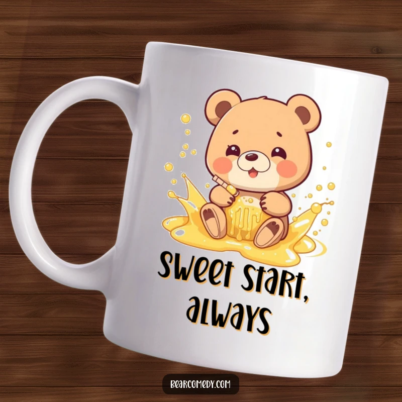 Funny mug showing a happy bear splashing playfully in a bubbly stream of golden honey, a delightful and sweet scene.
