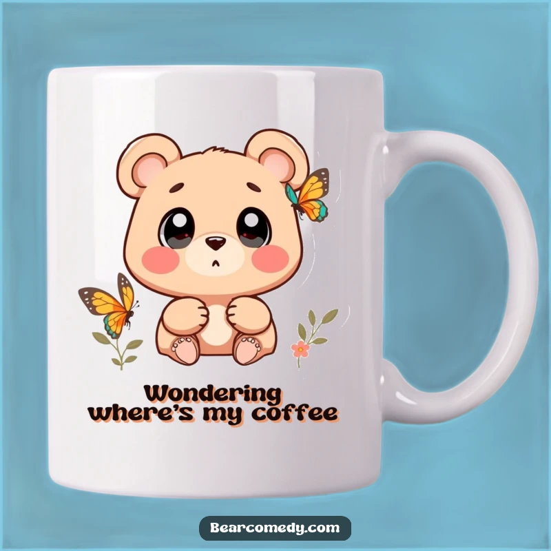 Sip your morning brew with a smile thanks to this funny wondering bear butterfly mug. Its enchanting design sparks joy.