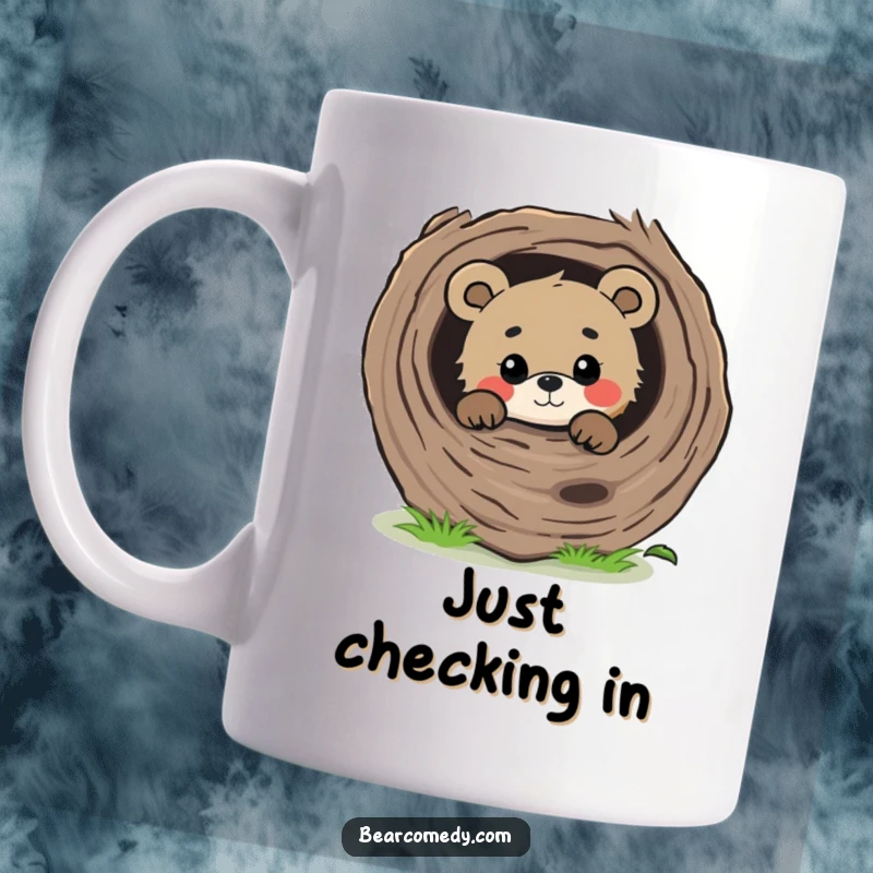 Funny curious bear character peeking from behind a large, fallen log with a gentle gaze, a sweet and innocent scene.