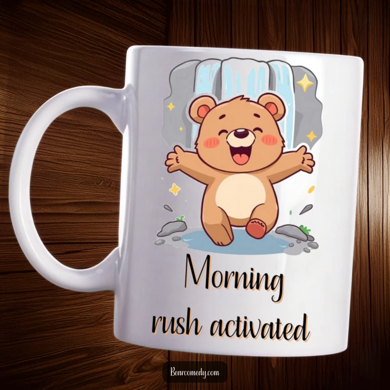 Funny energetic bear character with arms outstretched, lumbering excitedly towards a sparkling waterfall, symbolizing pure joy and adventure.