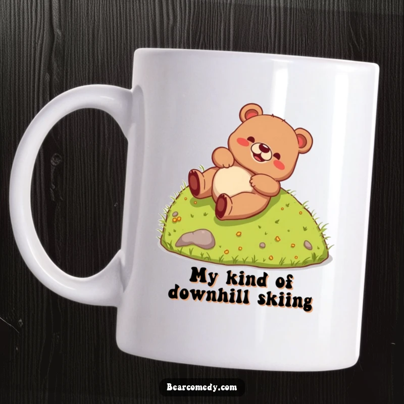 Funny Mug featuring a happy bear creature gleefully rolling down a grassy hill, embodying pure, unadulterated joy and silliness.