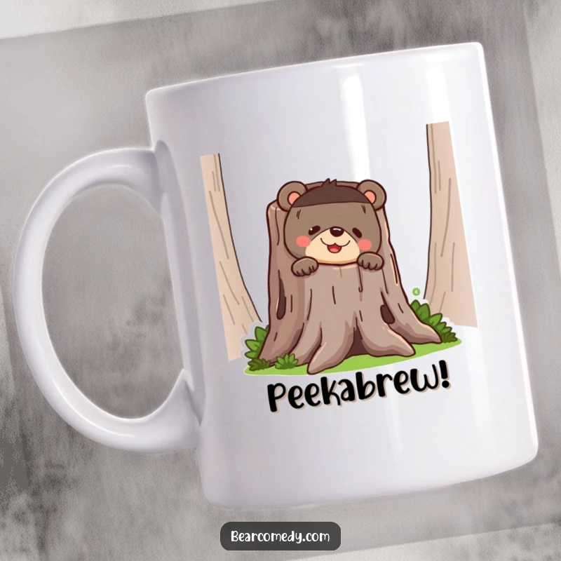 Funny bear mug showing a bear peeking mischievously from behind a hollow tree stump with a wide, funny grin.