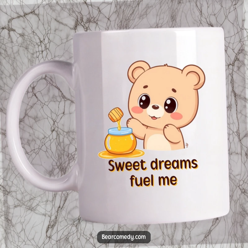 Funny mug showcasing a kawaii bear with big, happy eyes stretching for a floating honey pot, representing pure desire and sweetness.