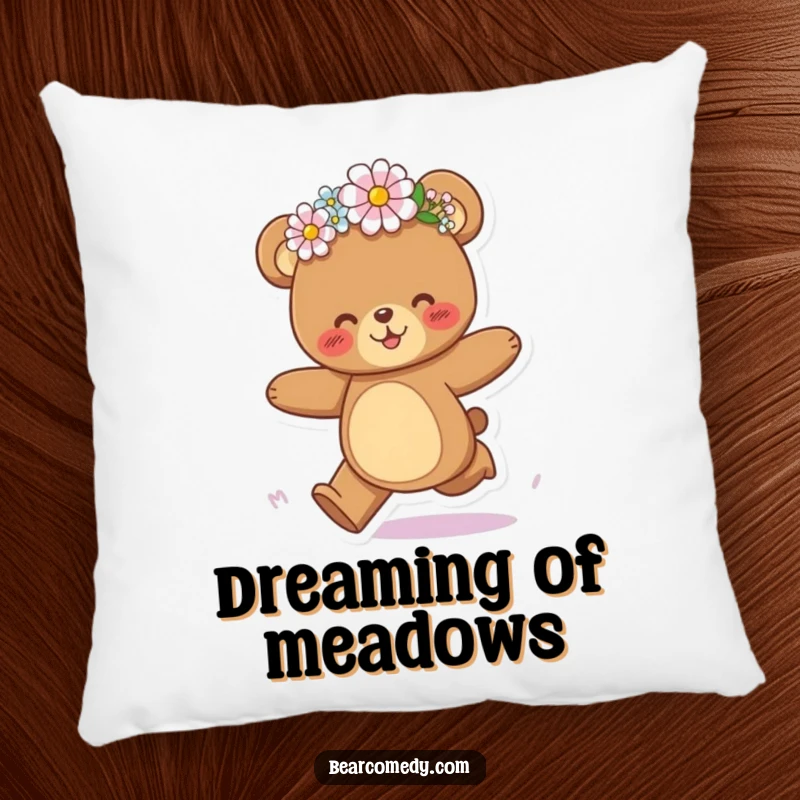 Funny bear pillow featuring a bear character joyfully galloping with a flower crown playfully askew, evoking pure happiness.