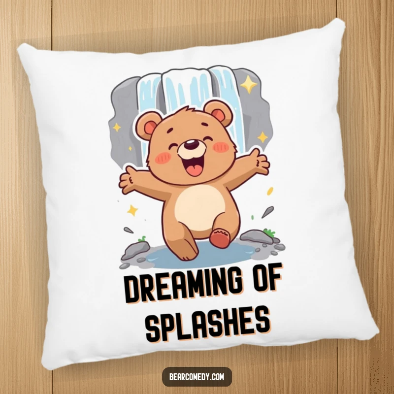 Funny energetic bear with arms outstretched, lumbering excitedly towards a sparkling waterfall, a soft pillow for relaxation.