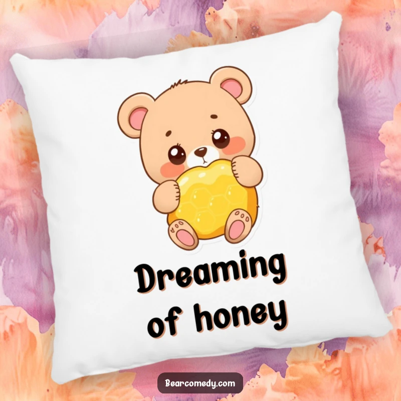 Funny adorable bear character with big round eyes, happily hugging a giant honeycomb, a soft pillow for ultimate comfort.