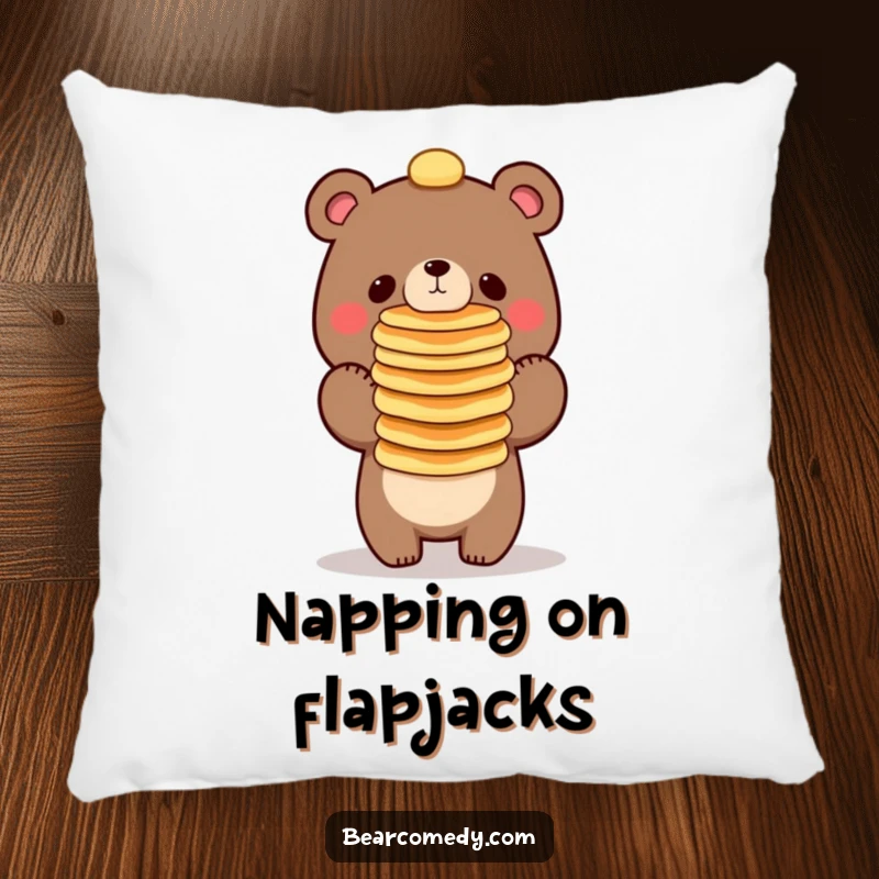 Funny bear character balancing a tall stack of pancakes on its nose, a soft and decorative pillow.