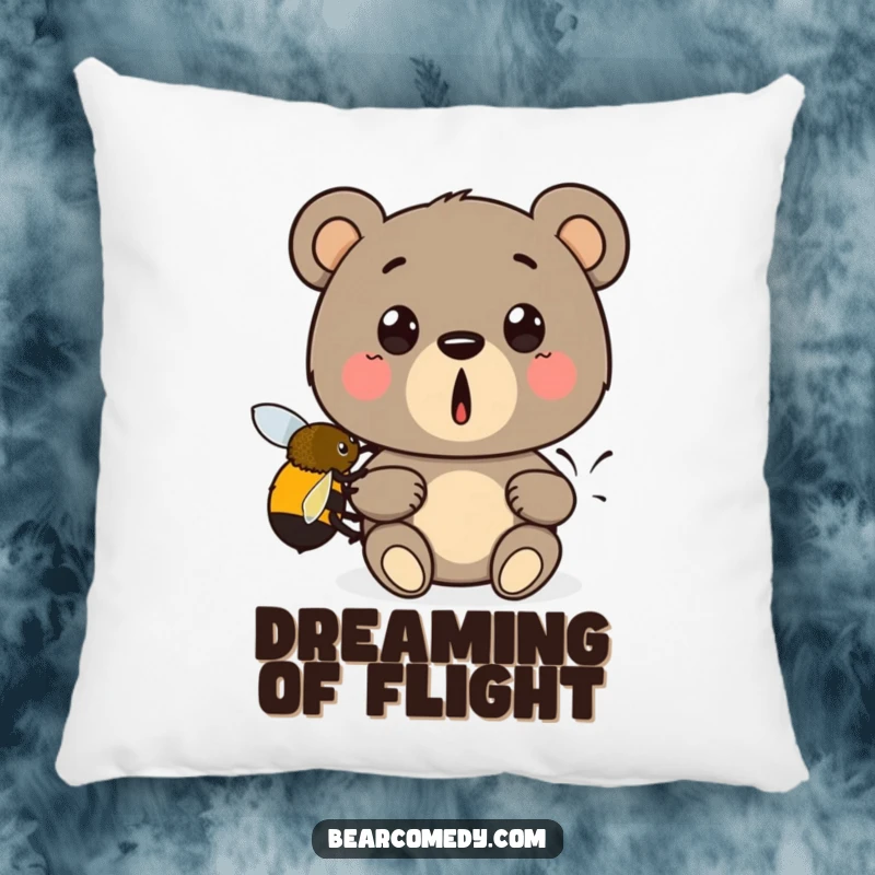 Funny pillow design: A startled bear receives a gentle lift from a determined bumblebee, perfect for adding humor to decor.