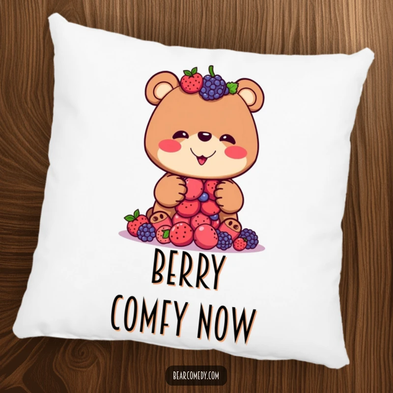 Funny pillow with a bear character trying to balance a stack of berries, its silly grin offering a whimsical decorative accent.