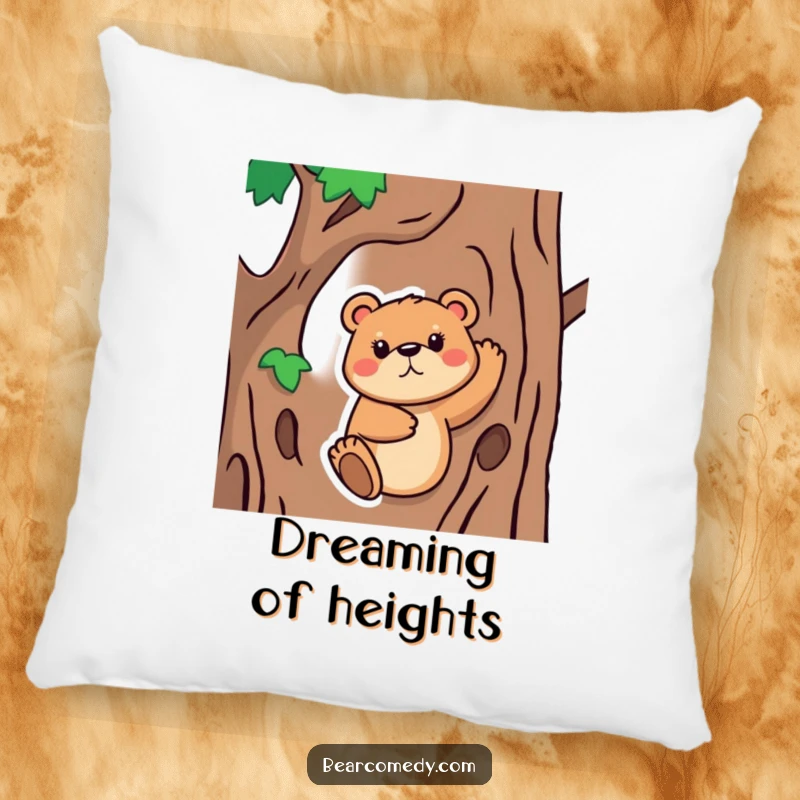 Funny Pillow featuring a bear animal with a determined face, trying to climb a tree, offering cozy comfort with a dose of humorous perseverance.