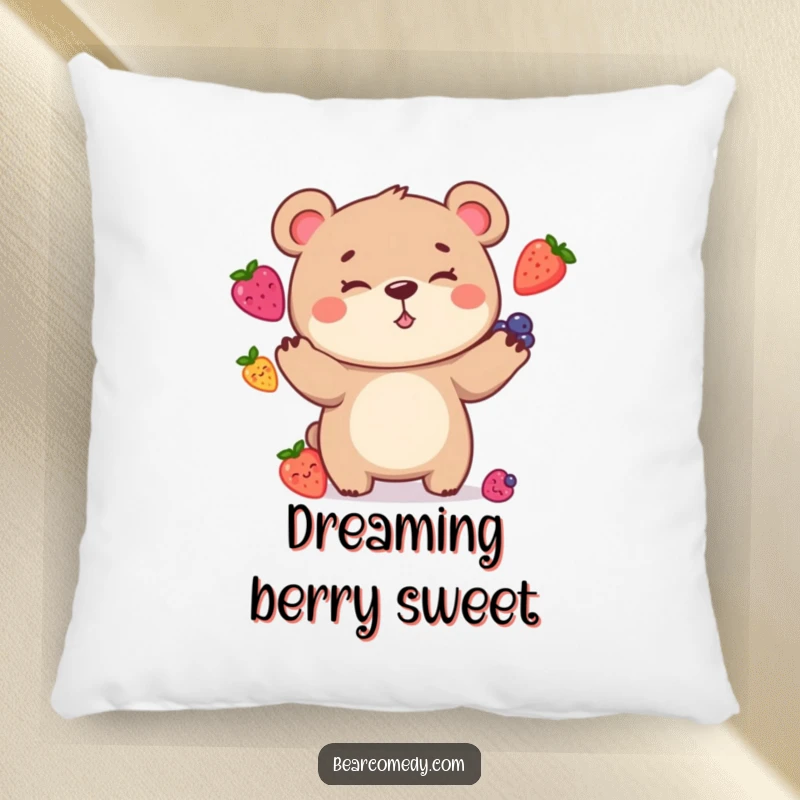 Funny Pillow featuring a bear character with a goofy grin, hilariously juggling berries, offering comfort with a dose of whimsical humor.