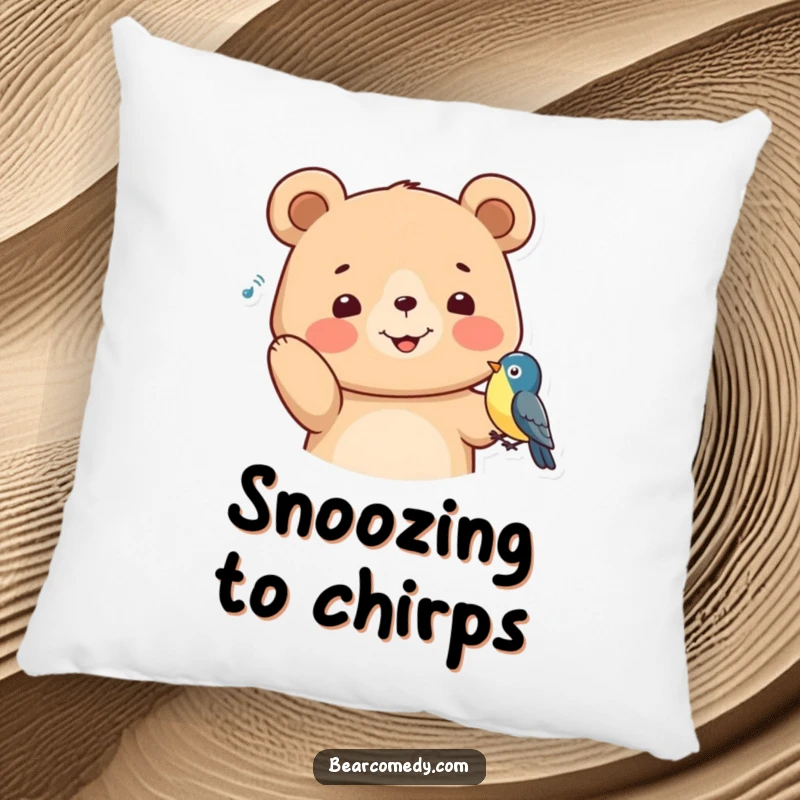 Funny Pillow featuring a happy bear with perked ears, listening to a bird, offering cozy comfort with a touch of serene, gentle humor.